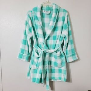 Just Be Women's One Size Fleece Robe Mint Green & White Check Gingham